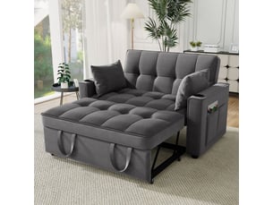 Canapé convertible 2 places en velours avec fonction lit, dossier inclinable 3 positions, porte-gobelets, poches de rangement et coussins inclus - gris