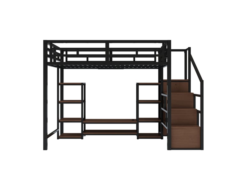 Lit mezzanine 140×200 cm avec meuble tv, prise et échelle sécurisée, noir - Conforama A