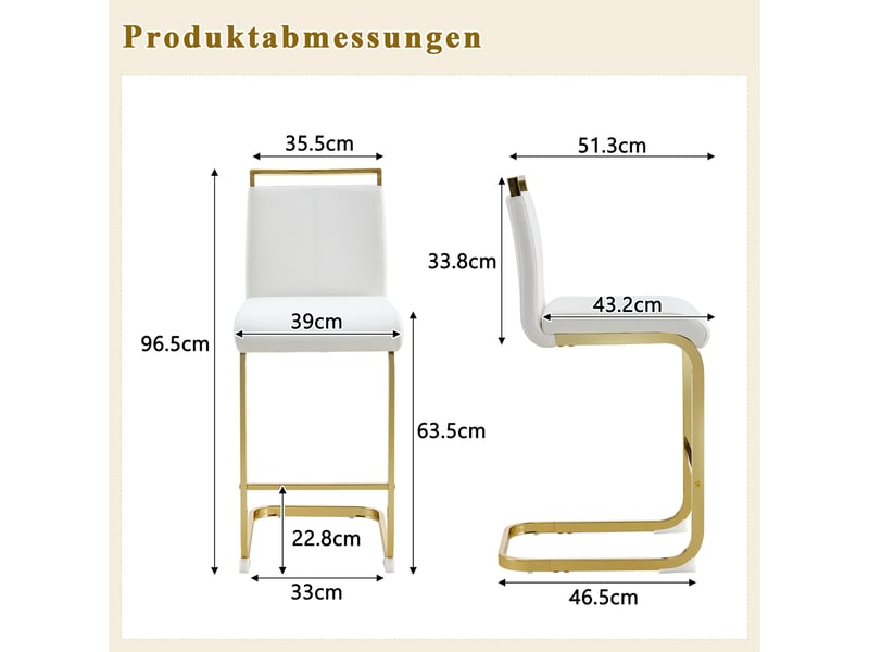  Lot de 2 tabourets de bar avec repose-pieds - lpospi - dossier, pieds en métal, simili cuir blanc et doré  - Conforama D