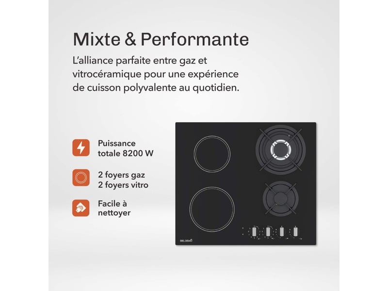 Plaque de cuisson mixte gaz et vitrocéramique 4 foyers - double couronne - 8200 w - manettes  - Conforama B