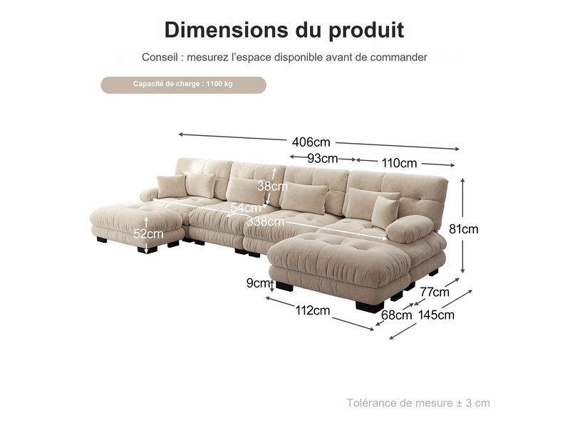  Canapé modulable u 4 places en chenille beige 406 x 145 x 81 cm avec ottomans mobiles pour salon W3325S00049 - Conforama C