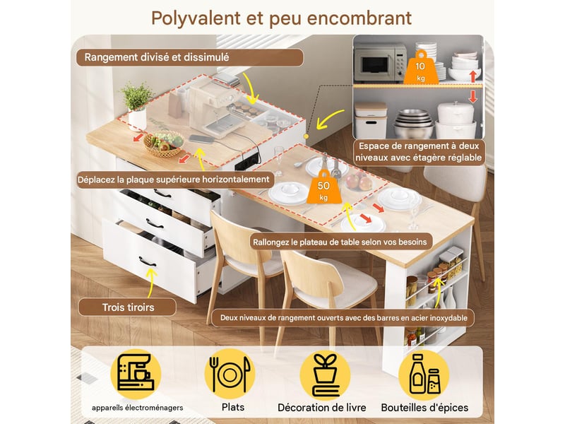  Table à manger extensible îlot de cuisine en mdf blanc 125,5187,5x71x93 cm - pangivo  - Conforama E