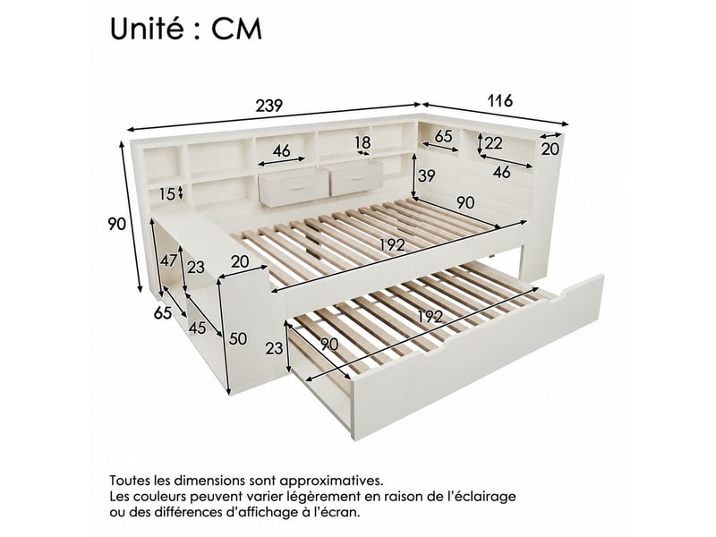  Lit gigogne 90 x 190 cm blanc avec rangements et prises usbusb-c  - Conforama C