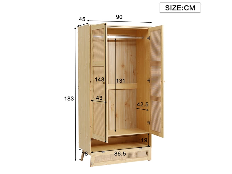  Armoire 2 portes avec penderie et coffre bas relevable, façades effet cannage, pour chambre, naturel, 90 × 45 × 183 cm  - Conforama D