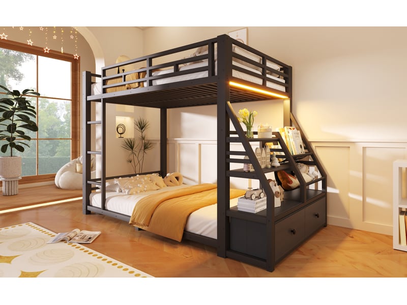  Lit superposé 2 × 90 × 200 cm, escalier à tiroirs et led, noir  - Conforama B