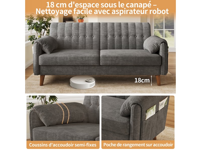 Canapé 2 places 161,5x79x83,5 cm en chenille, dossier capitonné, 2 coussins d’accoudoir, poches latérales, pieds en bois massif - gris clair - Conforama E
