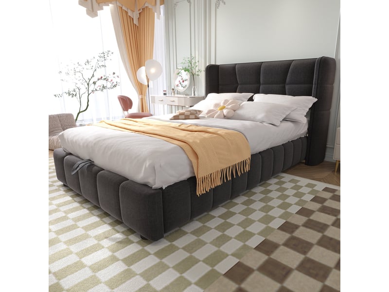  Lit coffre 90 x 200 cm avec rangement pneumatique, tête de lit capitonnée, sommier à lattes, lin gris  - Conforama E