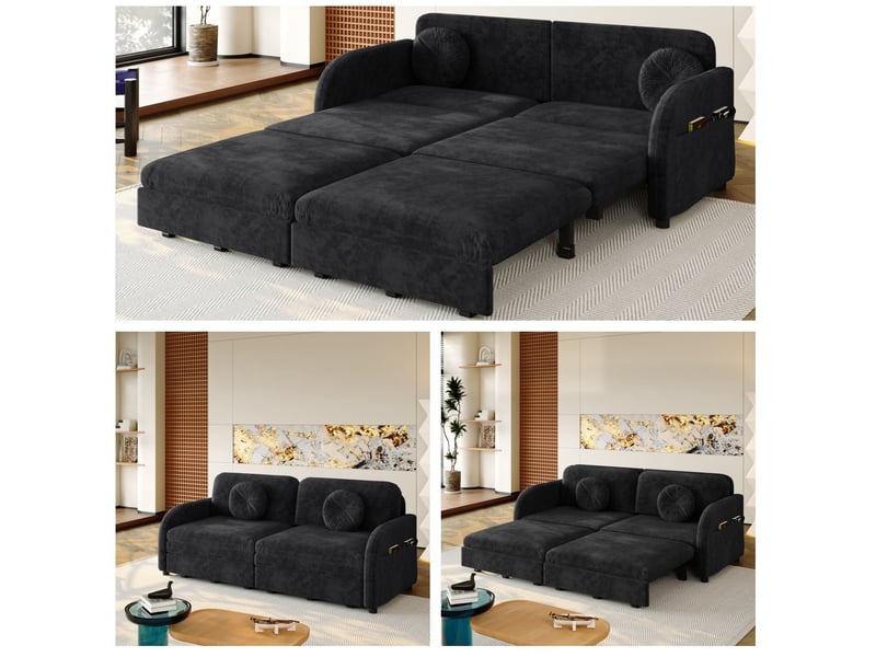  Canapé-lit 2 places 166x84x90 cm 3-en-1 avec poche latérale, pour salon, en métal, bois, mousse et tissu chenille, noir  - Conforama D