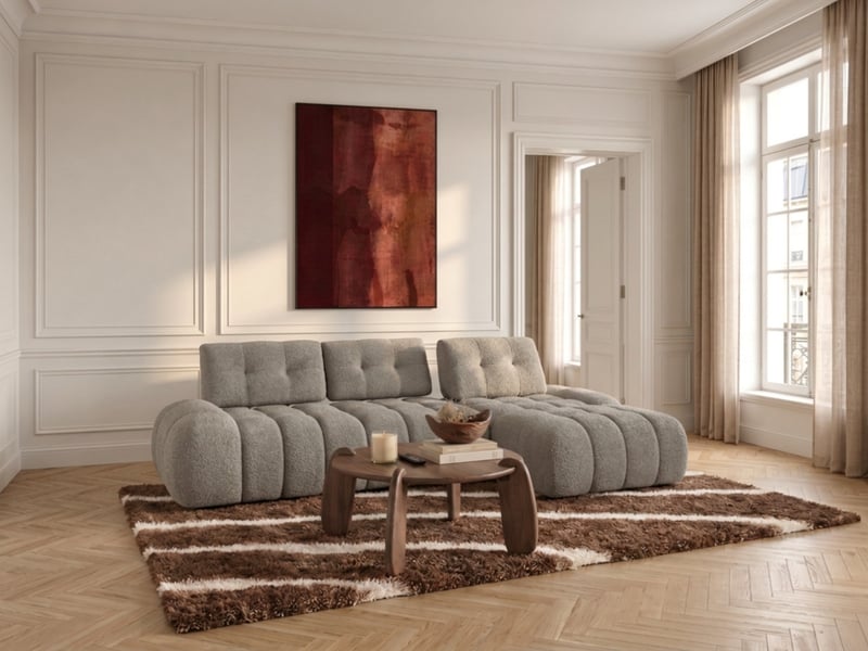  Bobochic canapé d'angle avec dossier avance recule apollon en tissu bouclette gris clair  angle droit APOLLON - Conforama D