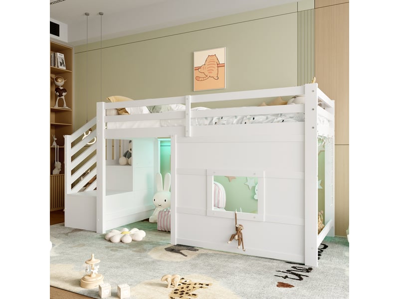  Lit mezzanine enfant 90 × 200 cm 1 place avec escalier de rangement, led et fenêtre, sans matelas, blanc  - Conforama E