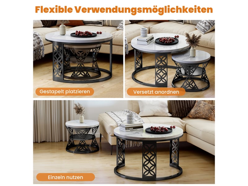  Tcqpz table basse bicolore 70x70x45 cm, lot de 2, plateau aspect marbre, structure métal  - Conforama D