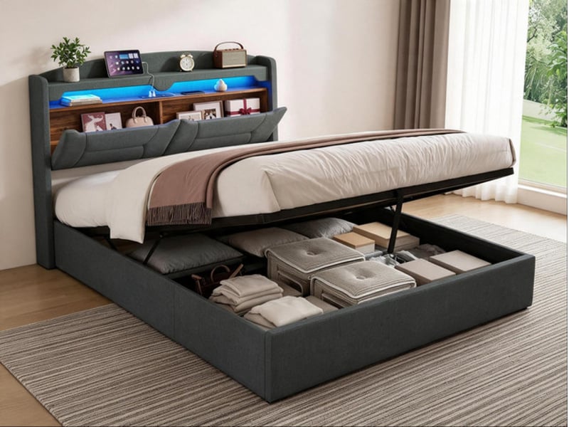  Lit coffre 140x190 cm ezssw, coloris gris  - Conforama B