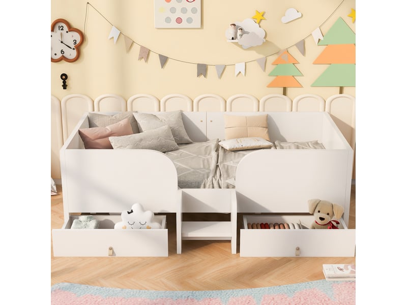 Lit enfant tcqpz 90 x 200 cm avec 2 tiroirs de rangement, petite échelle et barrières latérales, blanc - Conforama D