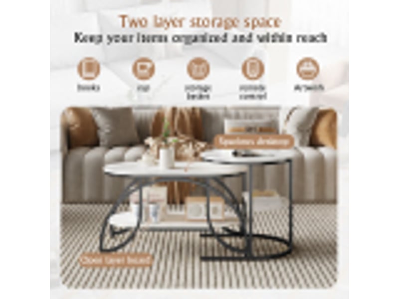  Lot de 2 tables basses 80x46x45 cm, table gigogne design marbre, avec espace de rangement, cadre en métal, pour canapé, salon, chambre (noir + blanc)  - Conforama D