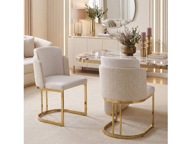  Lot de 6 chaises de salle à manger beige et or, structure en métal, dossier double design, style contemporain  - Conforama D