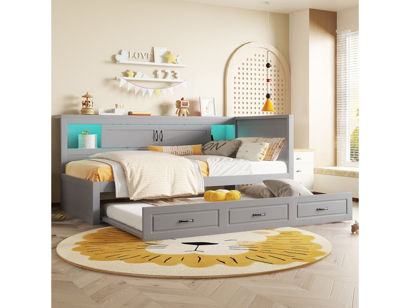  Lit gigogne 90x200cm, sommier, tête de lit, portes coulissantes, recharge, avec éclairage led, lit simple, mdf gris sans matelas  - Conforama E