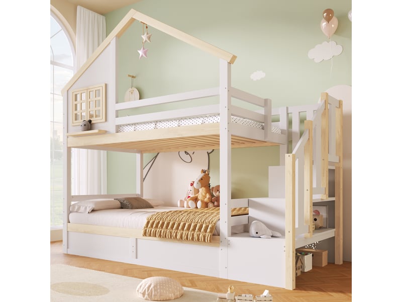  Lit superposé 90x200 cm, lit enfant, rangement hydraulique, bois de pin blanc et naturel, barrière antichute  - Conforama E