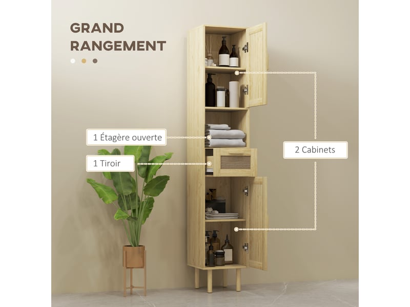  Meuble salle de bain colonne rangement salle de bain avec portes en rotin tiroir 2 placards chêne 32 x 30 x 170 cm  - Conforama R