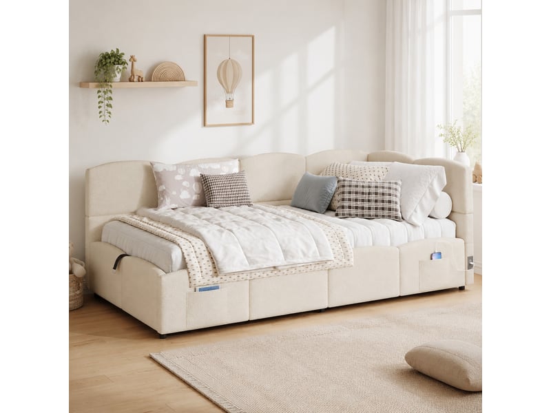  Lit coffre banquette 90x200 cm en tissu bouclé beige avec ports usb  - Conforama B