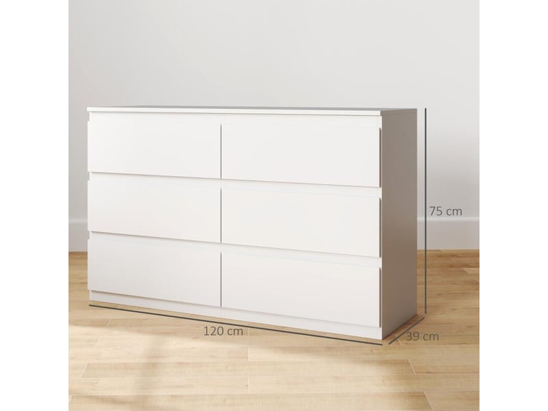  Commode 6 tiroirs meuble de rangement sans poignées design minimaliste 120 x 39 x 75 cm blanc  - Conforama C