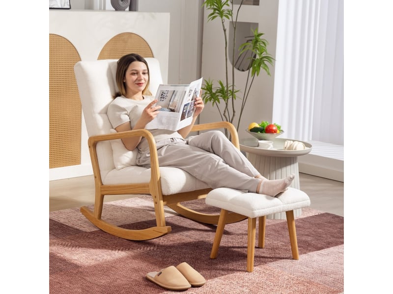 Fauteuil à bascule avec repose-pieds blanc, revêtement polaire et patins en bois, 64,5 x 82 x 99 cm  - Conforama B