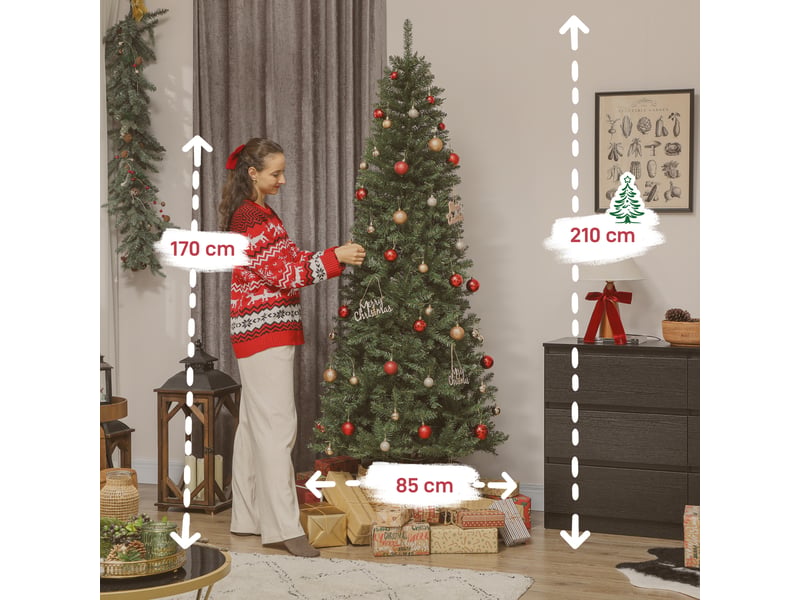  Sapin de noël artificiel 210 cm, arbre de noël fin avec 350 lumières, support en métal pliable, 1273 pointes, vert  - Conforama C