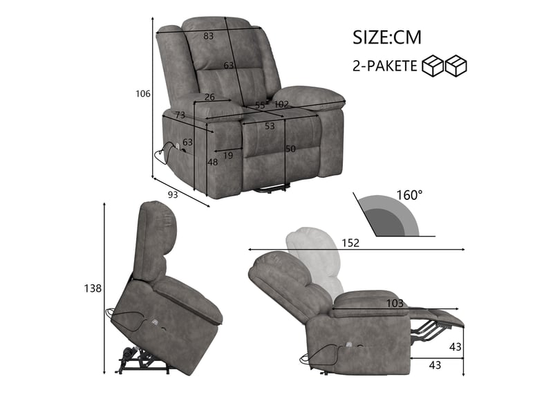  Fauteuil de massage électrique inclinable pour relaxation,chaise de massage électrique ergonomique,102x93x106 cm, 8-point massage + lumbar heating ,tissu , gris  - Conforama C