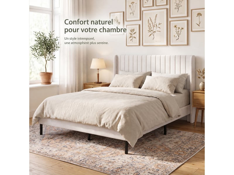 Lit rembourré 140x200 en velours beige avec tête de lit réglable de 107 à 112 cm et sommier 12 lattes - Conforama D