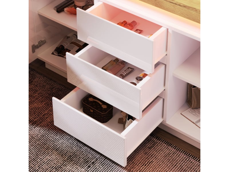  Buffet laqué blanc – 2 portes, 3 tiroirs, led avec contrôle via app – rangement salon et chambre, 81x140x39 cm  - Conforama D