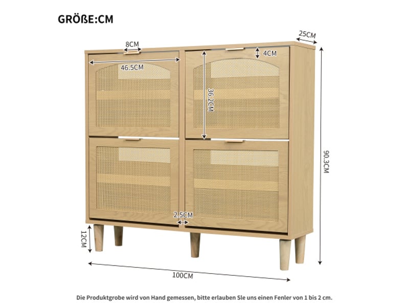  Meuble à chaussures 100 x 25 x 90 cm, 4 tiroirs à abattant en rotin, chêne clair, style campagne  - Conforama C