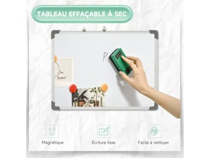 Tableau blanc magnétique cadre aluminium 60 x 45 cm avec feutres, aimants et effaceur