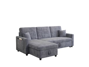 Canapé d’angle convertible 3 places en velours côtelé gris avec rangement, ports usb et type-c, table d’appoint