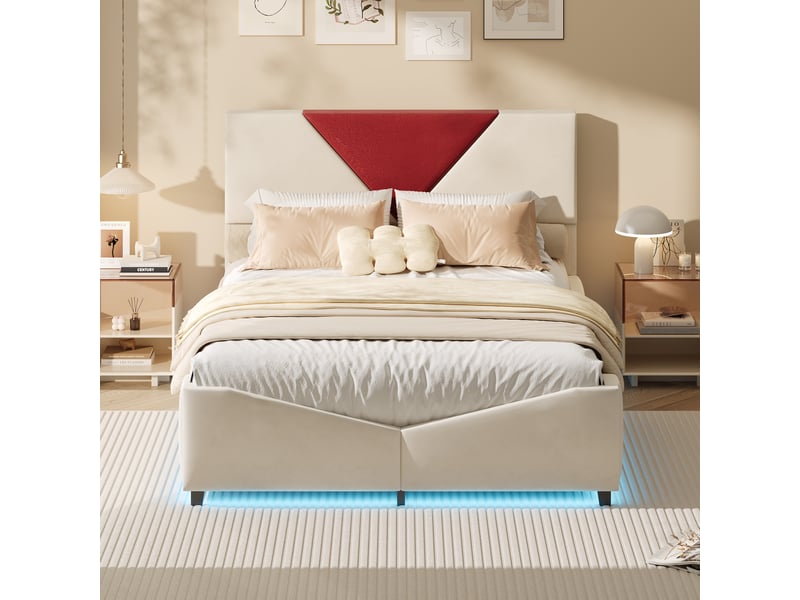  Lit 140x200cm avec sommier, lit coffre avec rangement et éclairage led, tête de lit bicolore beige et bordeaux, lit rembourré en velours, pour adulte et adolescent, sans matelas  - Conforama B