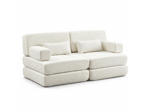 Canapé convertible 2-en-1 2 places 182 x 90 x 80 cm avec couchage pliant, dossier réglable et structure en fer, chenille, beige