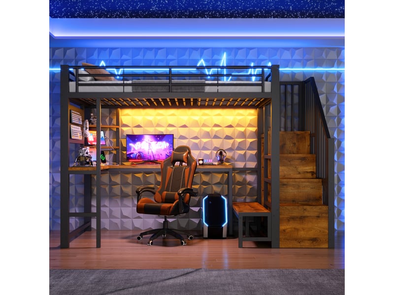 Lit mezzanine 90x200 cm noir, avec bureau, rangements, panneau perforé, échelle, led, usb-c, structure métal, sommier inclus, sans matelas - Conforama W