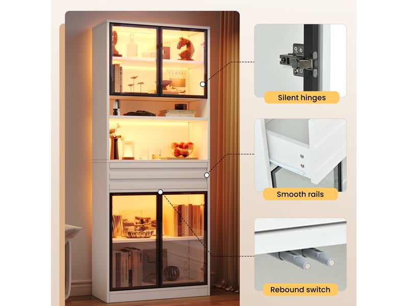 Vitrine led avec 4 portes vitrées, 1 tiroir et niches ouvertes, pour salon, en mdf blanc, 80 × 35 × 200 cm - Conforama E