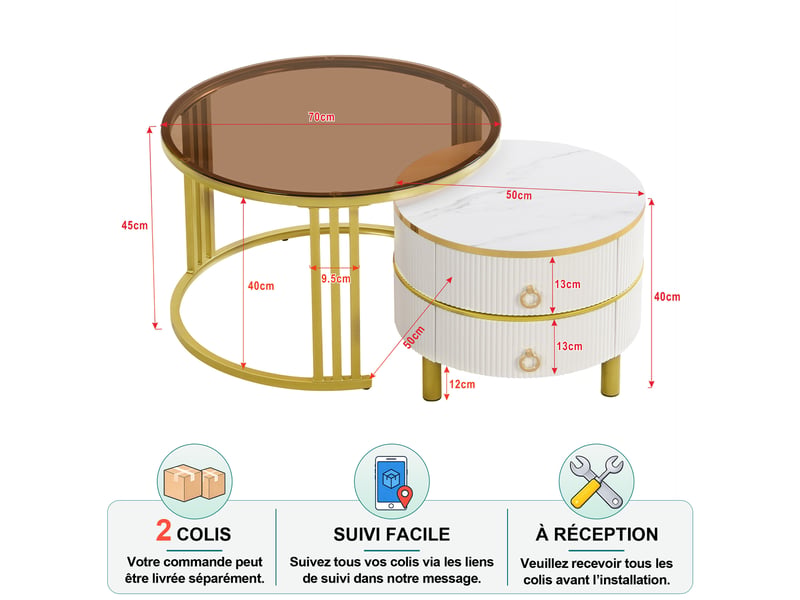 Tables basses gigognes rondes avec 2 tiroirs et plateaux en verre trempé, mdf, blanc et doré, modernes pour salon - Conforama D