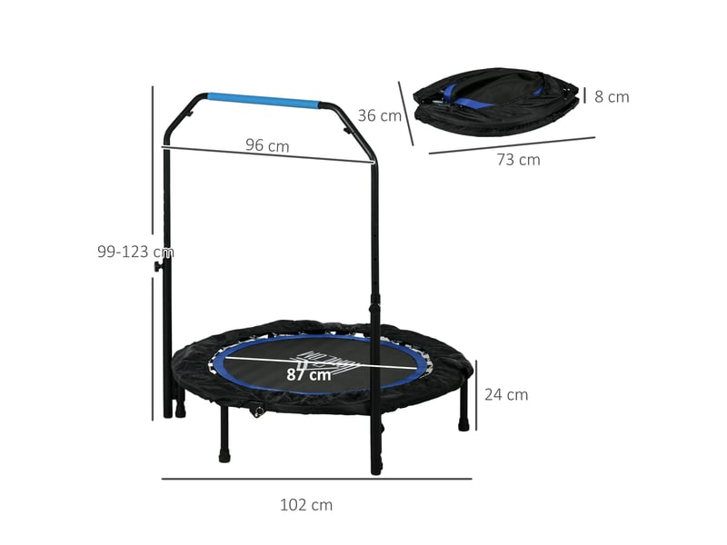  Trampoline de fitness gymnastique avec poignée réglable, pliable, 6 pieds, 28 ressorts ø 102 cm, noir bleu  - Conforama C