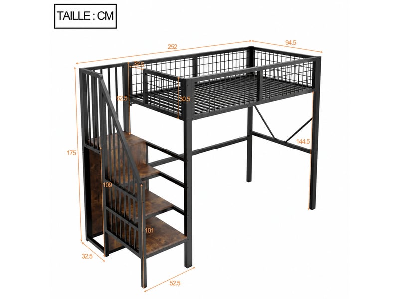  Lit mezzanine lit simple en métal noir avec échelle de rangement, garde-corps et led, 200x90 cm, sans matelas  - Conforama D