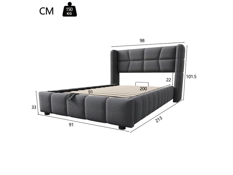  Lit avec coffre, 90x200 cm, lit simple, solution de rangement caché, cadre, effet, métal et tissu et lin, coloris gris  - Conforama C