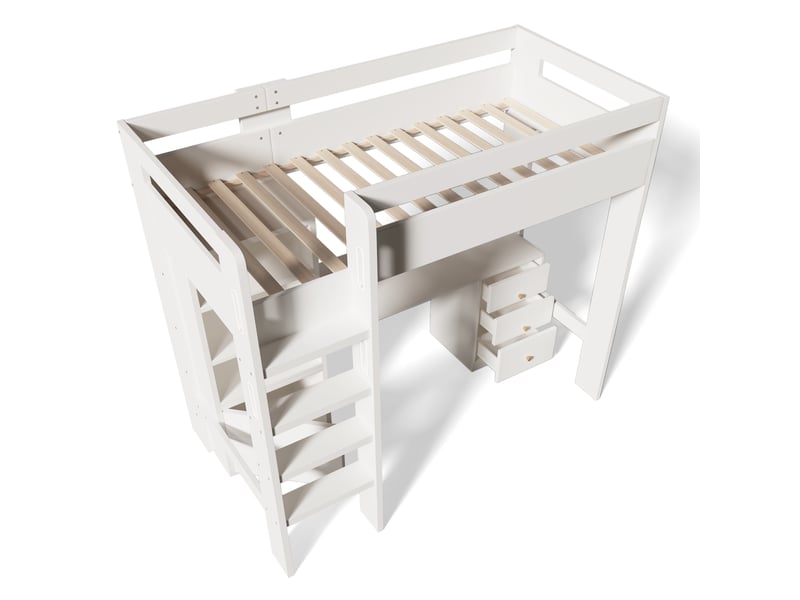 Lit mezzanine 90x200cm avec bureau, bibliothèque, 3 tiroirs et sommier, panneau de particules + mdf + bois, blanc, sans matelas  - Conforama W