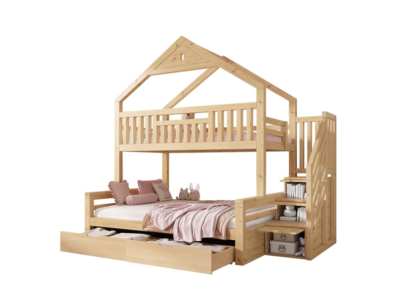  Lit superposé enfant avec toit et rangements, 90x200 et 140x200 cm, coloris chêne  - Conforama A