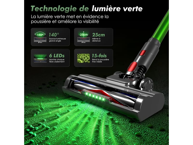  Aspirateur balai auto-portant puissant sans fil42kpa, 60 min d'autonomie, 2 vitesses, 6 en 1, capacité 1,6l, lumière verte  - Conforama D