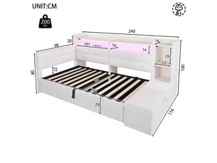 Lit de jour canapé-lit, 90 × 200 cm, blanc, mdf et velours, coffre hydraulique, banquette coffre, rangements, led, usb + type-c