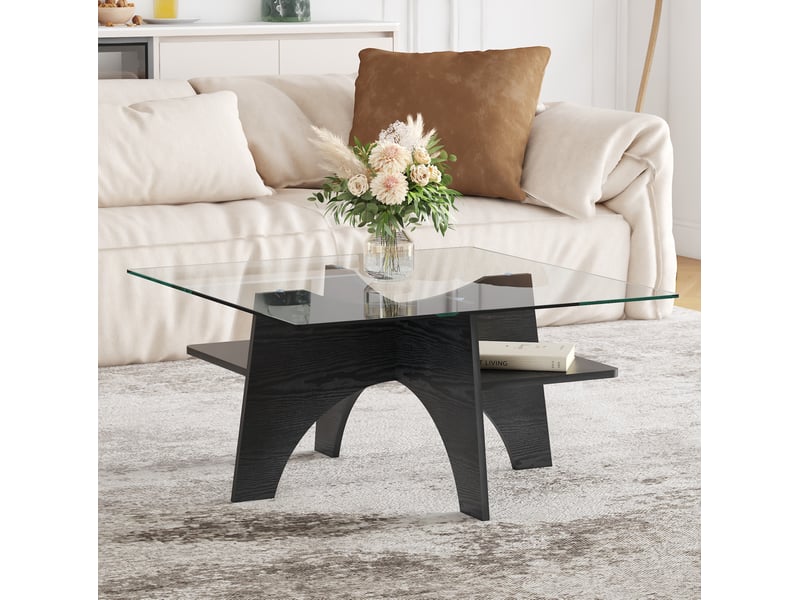  Table basse carrée 80 x 80 cm en verre de sécurité, structure mdf noire  - Conforama E
