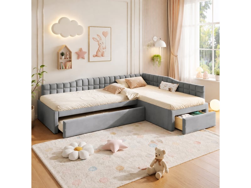  Lit gigogne 3 places 90×200 cm et 90×190 cm, 2 tiroirs - okmyhome- en velours gris, sans matelas  - Conforama C