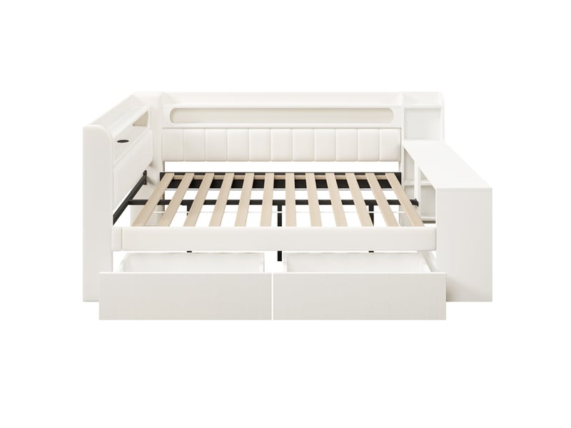  Lit plateforme 140x200 cm avec bureau, 2 tiroirs, led 7 couleurs, ports usb, tissu lin blanc, sans matelas  - Conforama E