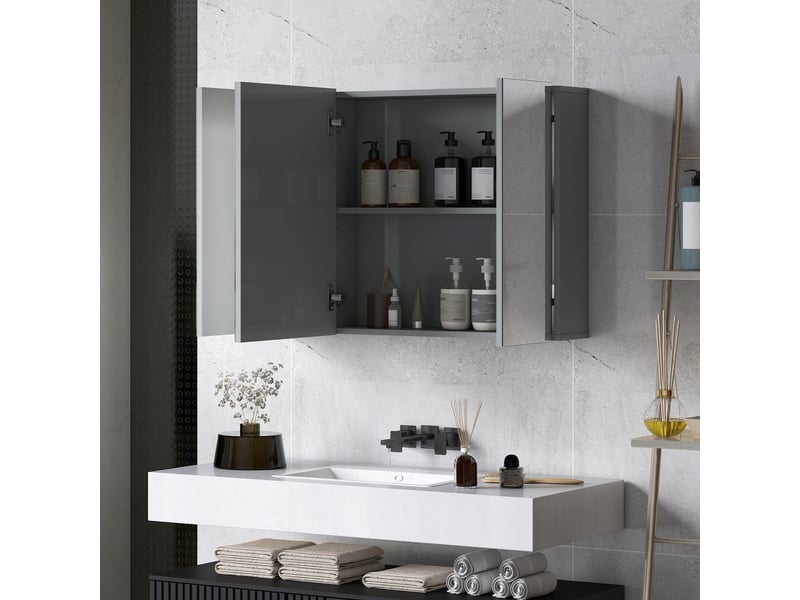  Armoire murale de salle de bain avec dim. 90l x 15l x 60h cm 3 portes miroir et étagères réglables en mdf gris  - Conforama W