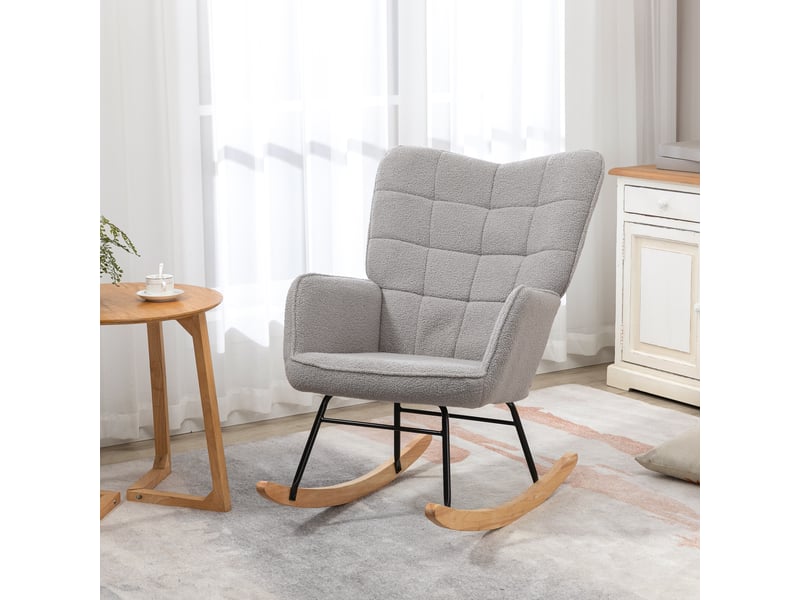 Fauteuil à bascule capitonné en bois et acier, revêtement en bouclé, 71 x 98 x 101 cm, gris  - Conforama C