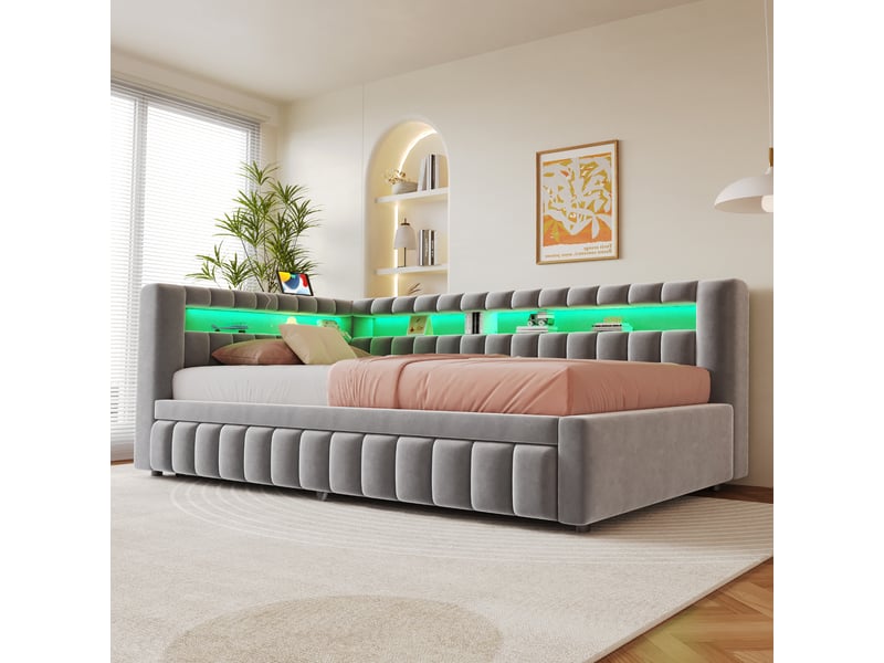 Canapé-lit convertible 90/180x200 cm avec rayures verticales, led et ports usb-c, velours gris clair, sans matelas - Conforama W